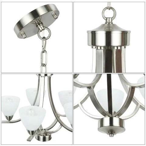 5-Light Dope Modern Chandelier With Alabaster Glass Shades In Brushed Nickel Finish Contemporary Candle Style Dining Room Light Fixture For Living Room Bedroom And Bathroom close-up