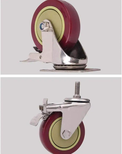 Tough As Nails And Smooth Rolling Heavy Duty Swivel Caster Wheels With Brake Lockable 3 Inch polyurethane wheel with stainless steel mount.