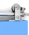 Close-up of 15Ft Stainless Steel Sliding Barn Door Track Kit Top Mount T Hanger Set with sleek metal finish on a blue door.