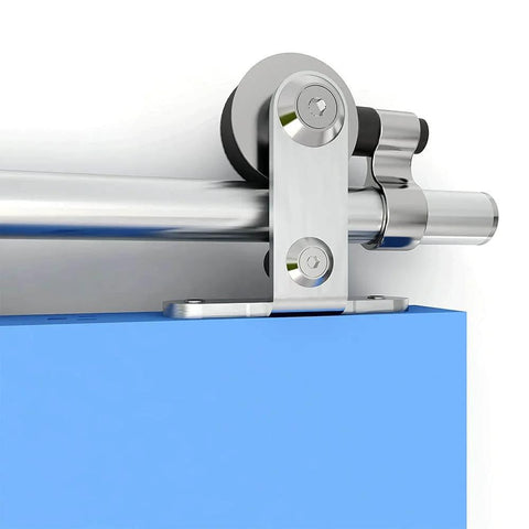 Close-up of 15Ft Stainless Steel Sliding Barn Door Track Kit Top Mount T Hanger Set with sleek metal finish on a blue door.