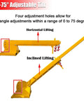 Boss Grade 3 Ton Forklift Jib Boom Crane Adapter With Smooth Zero To Seventy Five Degree Tilt showing adjustable tilt angles.