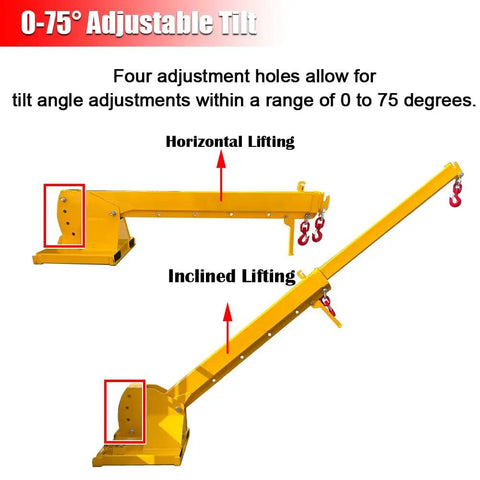 Boss Grade 3 Ton Forklift Jib Boom Crane Adapter With Smooth Zero To Seventy Five Degree Tilt showing adjustable tilt angles.