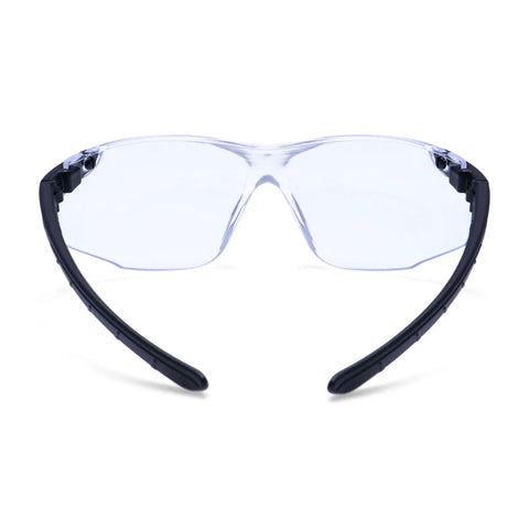 Front view of Badass WrapAround Safety Glasses With Hella Comfort Nylon Frame And Tight Adjustable Arms For Top Shelf Polycarbonate Lens Eye Protection On Industrial Heavy Duty Jobsites.