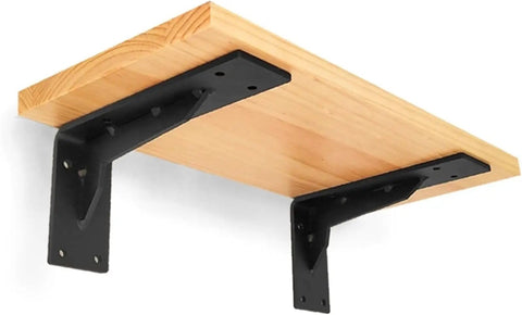Badass Black Industrial Floating Shelf Brackets Two Pack with thick steel L corner mounts holding a wooden shelf.