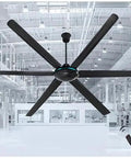 Heavy Duty Six Blade Ceiling Fan Brings No Sweat Cooling Vibes To Any Home Or Garage With Silent Whisper Flow And Rock Solid Everyday Performance You Love, black blades in industrial setting.