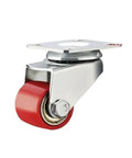 Four Pack One Point Two Inch Low Profile Heavy Duty Swivel Casters With Precision Ball Bearings And Secure Wheel Brakes That Lock Down Tight For Gliding Smooth Through Your Workshop Gear And Cabinet Builds In Red, showing red wheel detail and chrome mount.