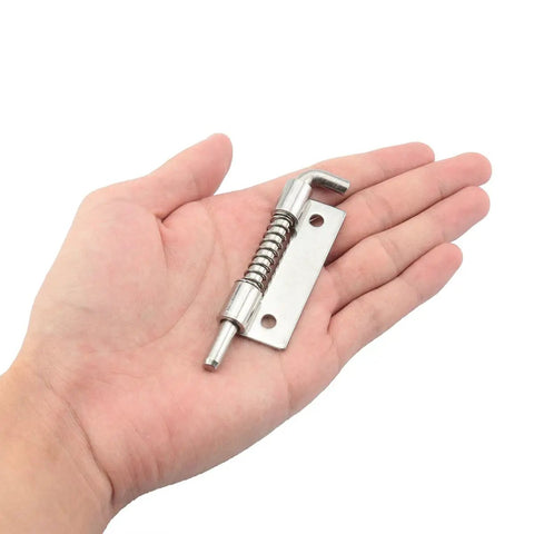 Hand holding Flat Pin Spring Latch Set 2 Pack 304 Stainless Steel 50x25mm Cabinet Door Hinge Bolt For Upper And Lower Cabinets