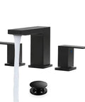 Black 8 Inch Widespread Bathroom Faucet With Two Handles Slick Matte Black Modern RV Lavatory Vanity Faucet 3 Hole Sink Faucet With Pop Up Drain And Water Supply Lines Included Durable Brass Construction, faucet with water running and pop-up drain visible.