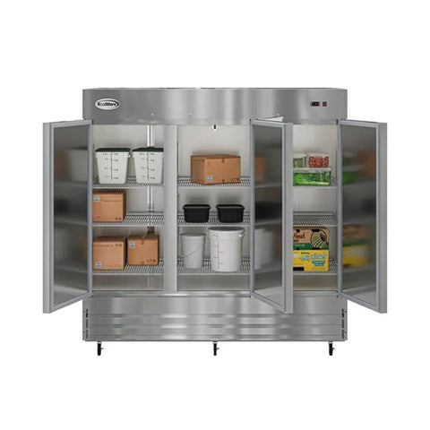 80 Inch Commercial Reach In Refrigerator Triple Door Stainless Steel Kitchen MVP Boasting 72 Cubic Feet Of Storage With Aluminum Interior And 9 Adjustable Shelves includes various containers and shelves.
