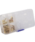 Kick-Start Your Electrical Projects With This Awesome Female Spade Terminal Kit Featuring Reliable Copper Connectors In 2.8mm 4.8mm And 6.3mm Sizes Plus Insulation Sleeves Perfect For AWG 18-14 Wire Auto And Audio Gear That Really Pops. Transparent organizer box with copper female spade terminals and insulation sleeves