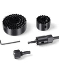 Ultimate 5 Piece Heavy Duty Hole Saw Kit Ranging From 64 To 127mm For Smooth Wood And Plasterboard Drilling Projects That Get Stuff Done Right. Black 5-piece hole saw set with pilot drill and hex arbor on white background