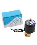Brass 12 Volt Solenoid Valve For Water And Air Control With Female Thread Switch Magnetic Inlet Coil DC Power For Quick Home Auto Repair next to packaging.