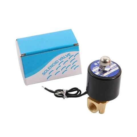 Brass 12 Volt Solenoid Valve For Water And Air Control With Female Thread Switch Magnetic Inlet Coil DC Power For Quick Home Auto Repair next to packaging.
