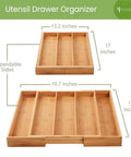 Expandable Bamboo Kitchen Drawer Organizer For Utensils And Flatware, 3 To 5 Slots, shown expanded to fit larger drawer.