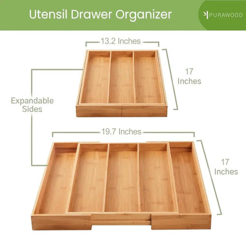 Expandable Bamboo Kitchen Drawer Organizer For Utensils And Flatware, 3 To 5 Slots, shown expanded to fit larger drawer.
