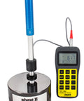 Heavy Duty Digital Portable Hardness Tester Built Tough For Cast And Rough Metal Parts Featuring G Impact Device Nist Traceable Dead Accurate Readings displayed with screen showing measurements.
