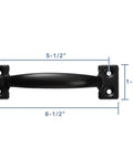 Six And A Half Inch Black Pulls Two Pack For Barn Doors Garage Doors Screen Doors Fences And Cabinet Or Tray Board Applications Made From 1mm Thick Cold Rolled Steel With A Vintage Style Matte Black Finish And Easy Grip For Smooth Operation, with dimensions.
