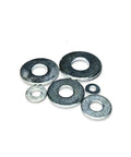 Solid Grade 2 Steel Flat Washers Size 5/8 Inch By 1 3/4 Inch Heavy Duty Zinc Plated Hardware Set arranged in various sizes.