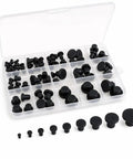 Super Cool 104 Piece Silicone Rubber Hole Plug Kit With 9 Sizes T-Type Black Waterproof Caps For Pipes Tubes And Electrical Wiring Heat Resistant Flexible Reusable Sealing Tools Perfect For Home Gigs And DIY Projects in clear storage case