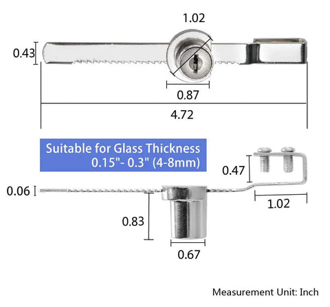 Sliding Glass Door Lock For Display Cases With Chrome Finish, Secure Ratchet Lock Set dimensions and specifications image