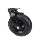 Premium Eight Inch Pneumatic Rubber Swivel Caster With Side Brake Stem Mount Air Wheel for hotel luggage cart, black wheel.