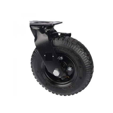 Premium Eight Inch Pneumatic Rubber Swivel Caster With Side Brake Stem Mount Air Wheel for hotel luggage cart, black wheel.