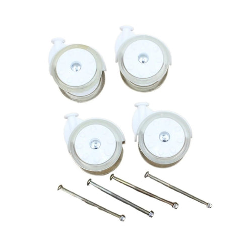 Baby walker wheels set: four white screw-type omni-directional wheels with mounting screws