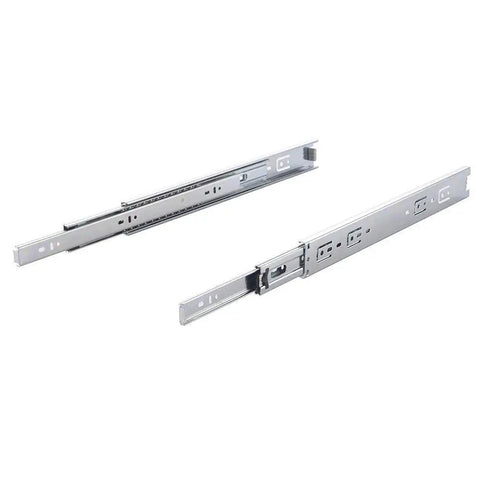 Ten Pairs Of 24 Inch Full Extension Drawer Slides With Ball Bearing Side Mount Low Noise Operation Half Inch Thick One Point Seven Seven Inch Wide Heavy Duty Hardware For Kitchen Cabinets Or Dressers.