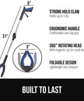 Front view of Gorilla Grip blue ergonomic reacher with rubber-lined claw and 360° rotating head