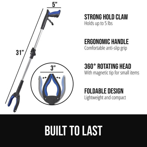 Front view of Gorilla Grip blue ergonomic reacher with rubber-lined claw and 360° rotating head
