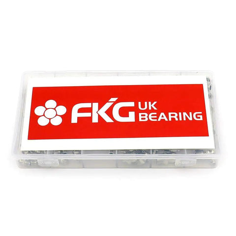 Plastic case labeled 'FKG UK Bearing' containing the 120 Piece Hydraulic Grease Fittings Kit with M6 and M10 Zerk Fittings.
