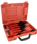 Heavy Duty Snap Ring Pliers Set, 11-Piece with straight and bent pliers, hook, and pick in a red carrying case, ideal for maintenance.