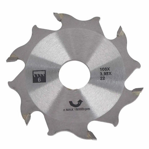 Professional Tungsten Carbide Biscuit Jointer Blade 100mm With 22mm Arbor front view, showcasing precision cutting teeth and inner mount.