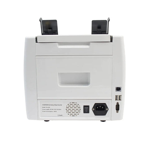 Back view of Real Deal Touchscreen Money Counter Machine For Mixed Currency Bills With Integrated Thermal Receipt Printer.