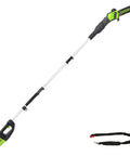 80V 10 Inch Cordless Polesaw for Pruning and Trimming Branches with brushless motor, automatic oiler, and strap attachment visible.