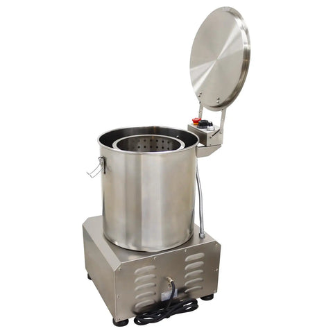 No Sweat Commercial Electric Salad Dryer And Heavy Duty Salad Spinner For Restaurants Built From Top Tier Stainless Steel view with lid open.