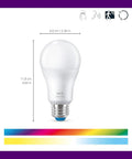 Lit Color A19 LED Bulbs 3 Pack With Sunset To Sunrise Automation, Motion Sensing, Voice Or App Control, Full Color 800 Lumen 60W Equivalent, Indoor Smart Home Ready, Matter Compatible. White A19 LED bulb with E26 base, 11.8 cm tall.