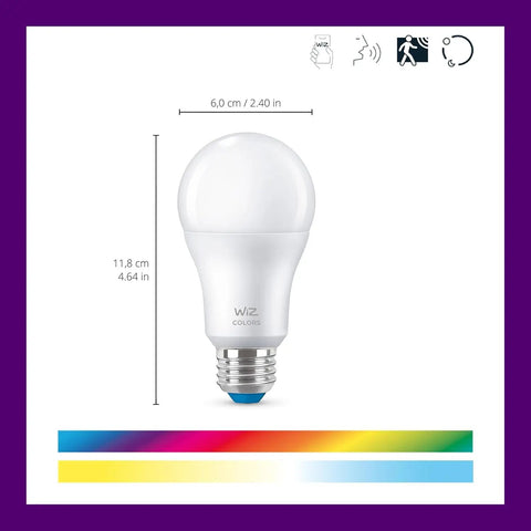 Lit Color A19 LED Bulbs 3 Pack With Sunset To Sunrise Automation, Motion Sensing, Voice Or App Control, Full Color 800 Lumen 60W Equivalent, Indoor Smart Home Ready, Matter Compatible. White A19 LED bulb with E26 base, 11.8 cm tall.