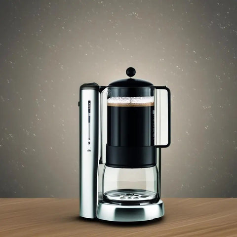 51 Ounce Brazil French Press Coffee Maker With High Heat Borosilicate Glass, Black Finish on a wooden table