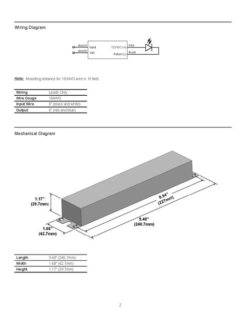 Mechanical and wiring diagram of 96W LED Power Supply From 120-277VAC To 24VDC Constant Voltage Driver Non Dimmable UL Class 2 Listed