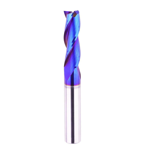 Three Eighths Inch Shank Spiral CNC Router Bit Solid Carbide End Mill Three Flute Up Cut Blue Coated For Grooving Slots Mortises And Wood Carving For Pro Woodworkers