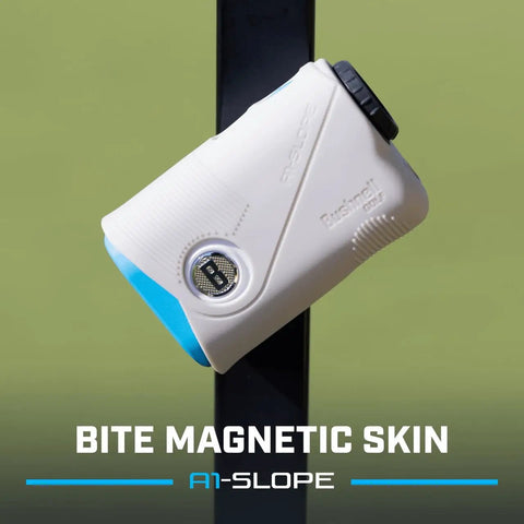 Ultra Compact Golf Rangefinder With 6x Magnification, USB C Rechargeable, PinSeeker JOLT, magnetic skin, mounted on metal post