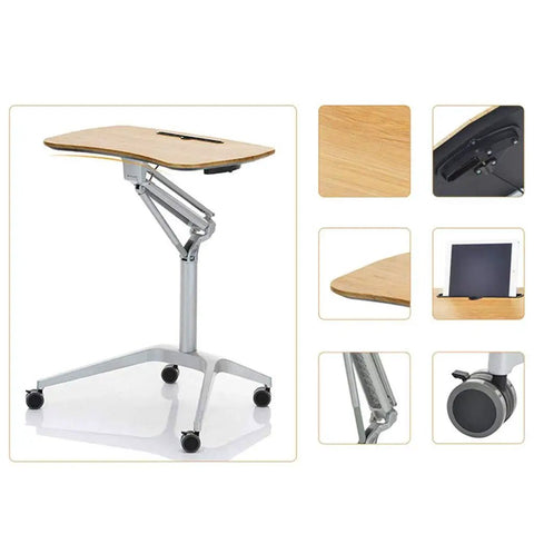Hassle Free Pneumatic Sit Stand Laptop Desk Cart With Smooth Lever Adjustments Solid Rolling Ergonomic Mobile Workstation And No Fuss Stability For Home Office Study, height-adjustable with wood top and wheels.