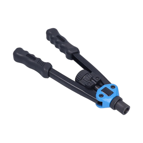 Heavy Duty Hand Rivet Nut Tool Kit With M8 M10 M12 Mandrels, Carbon Steel Body And Rubber Grip, angled view of the tool