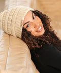 Satin Lined Beanie For Curly Hair Women Cozy Cable Knit Winter Hat With Frizz Free Moisture Retaining Satin Interior on woman