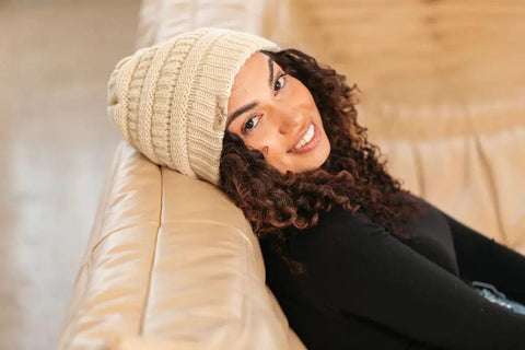 Satin Lined Beanie For Curly Hair Women Cozy Cable Knit Winter Hat With Frizz Free Moisture Retaining Satin Interior on woman