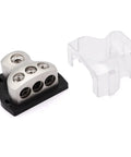 3 Way Car Power Distribution Block With One Zero Gauge In And 3x Four Gauge Out For Amp Grounding And Audio Wiring, Heavy Duty Car Audio Splitter, Easy Install For Strong Power And Clean Ground, 2 Pack, silver metal block with clear cover