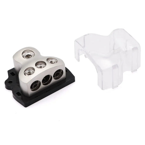 3 Way Car Power Distribution Block With One Zero Gauge In And 3x Four Gauge Out For Amp Grounding And Audio Wiring, Heavy Duty Car Audio Splitter, Easy Install For Strong Power And Clean Ground, 2 Pack, silver metal block with clear cover