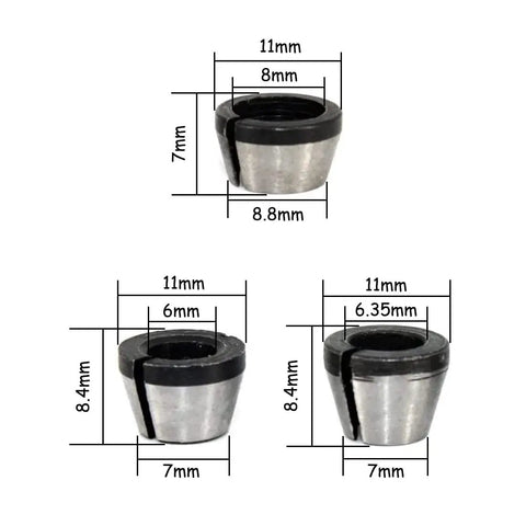 Top Shelf Six Piece Router Collet Adapter Kit For Woodworking Trimmers And Engraving Machines Featuring Slick Split Bushing Upgrades, showing 8mm, 6.35mm, and 6mm split bushings.
