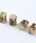 Four Heavy Duty M8 Barrel Nuts for Furniture Build offering lockdown grip, rustproof iron for secure wood joints.
